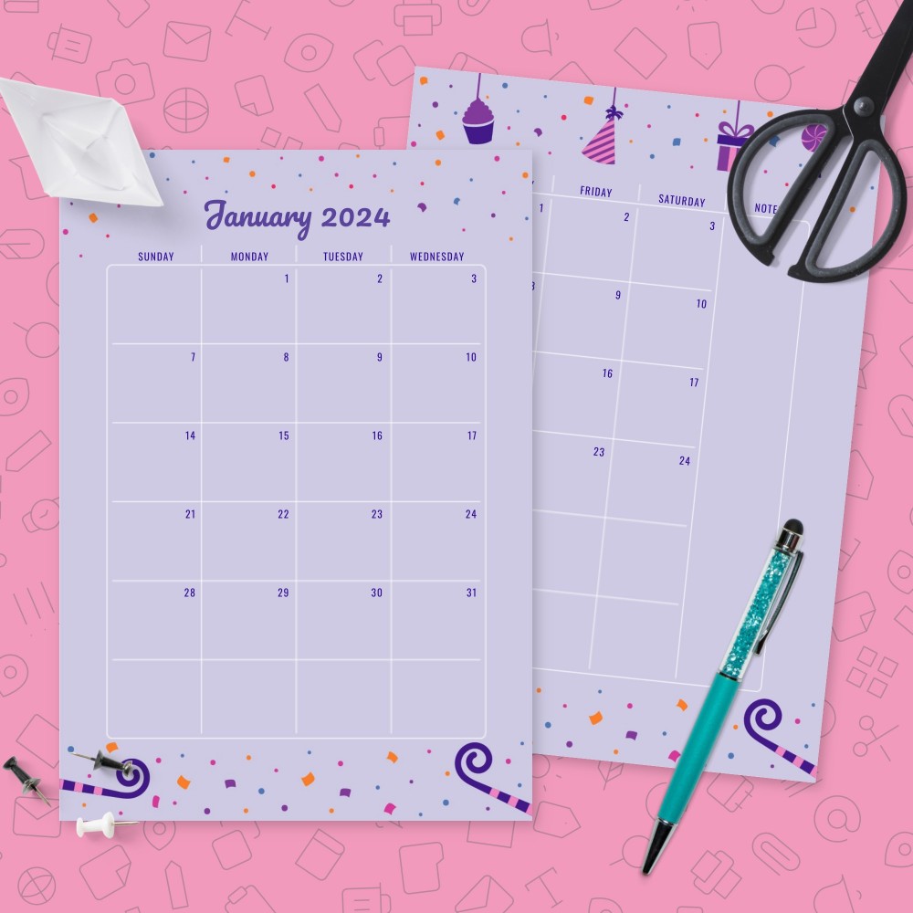 Download Printable Colorful Confetti Birthday Calendar Template