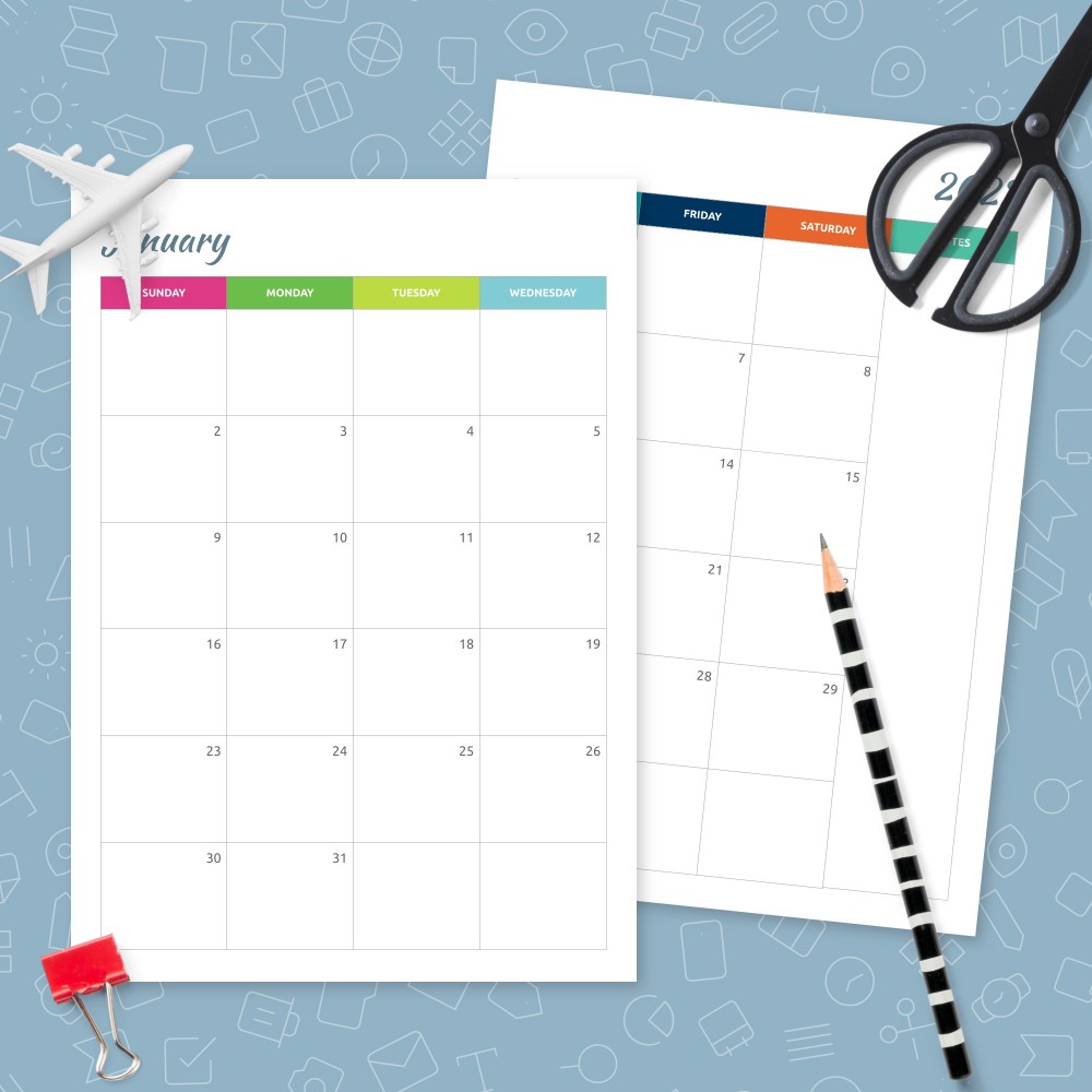 Download Printable Colorful Monthly Calendar - Two Page Template