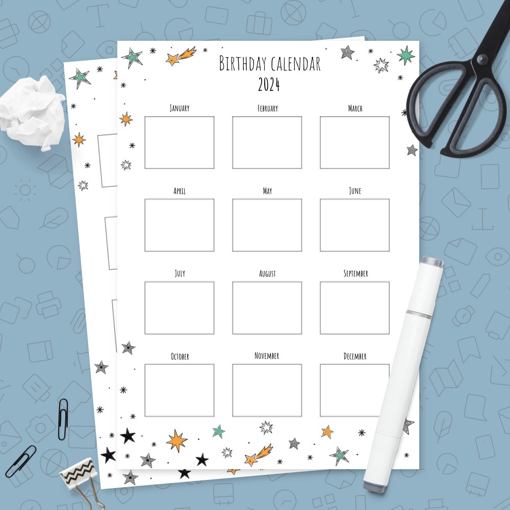 Download Printable Colorful Starry Birthday Calendar Template