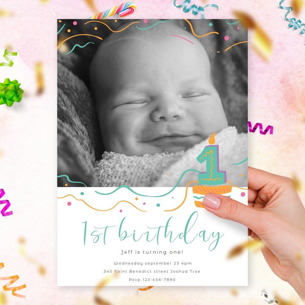 confetti stripes boy first birthday invitation template online maker