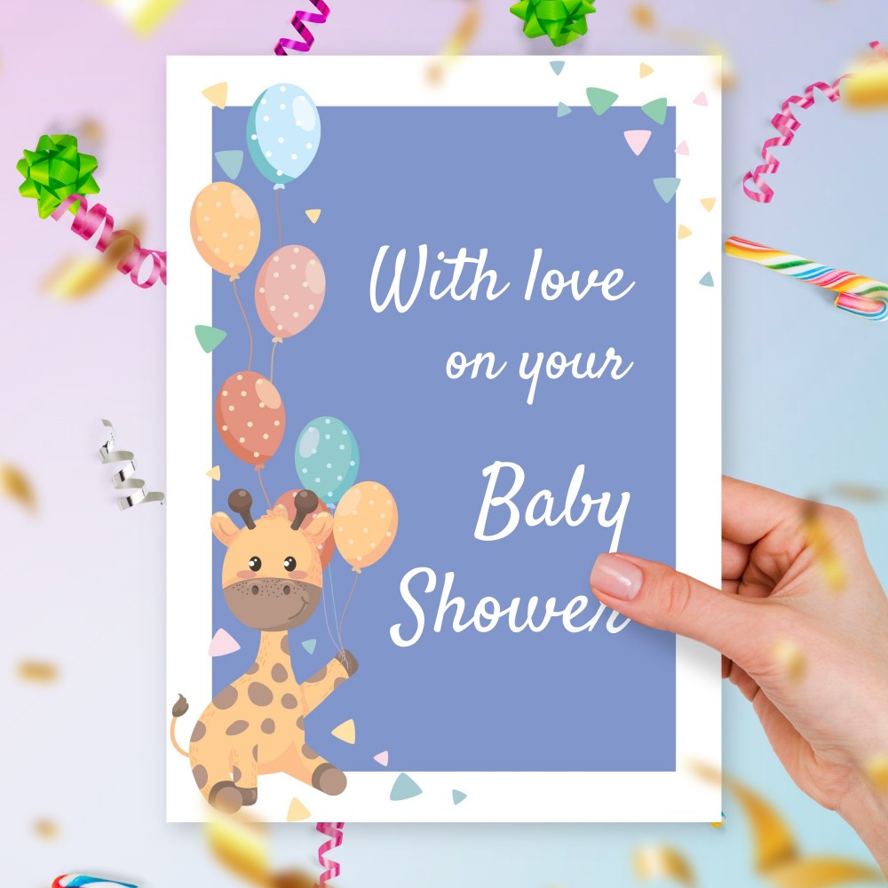 Customize and Download Cute Giraffe Flying Balloons Baby Shower Greeting Card