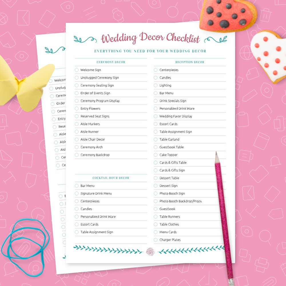 Download Printable Cute Wedding Decorations Checklist Template