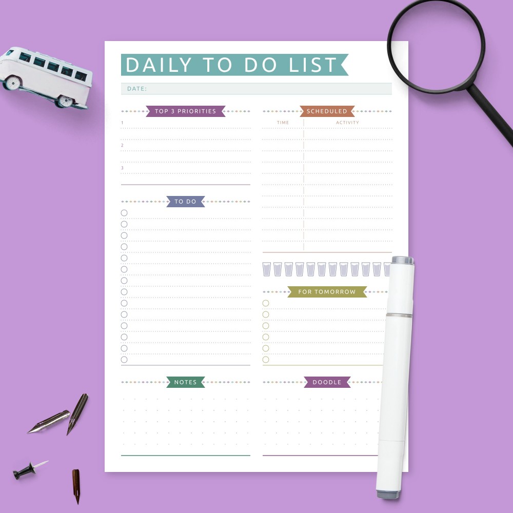 Download Printable Daily To Do List - Colored with Hourly Schedule Template