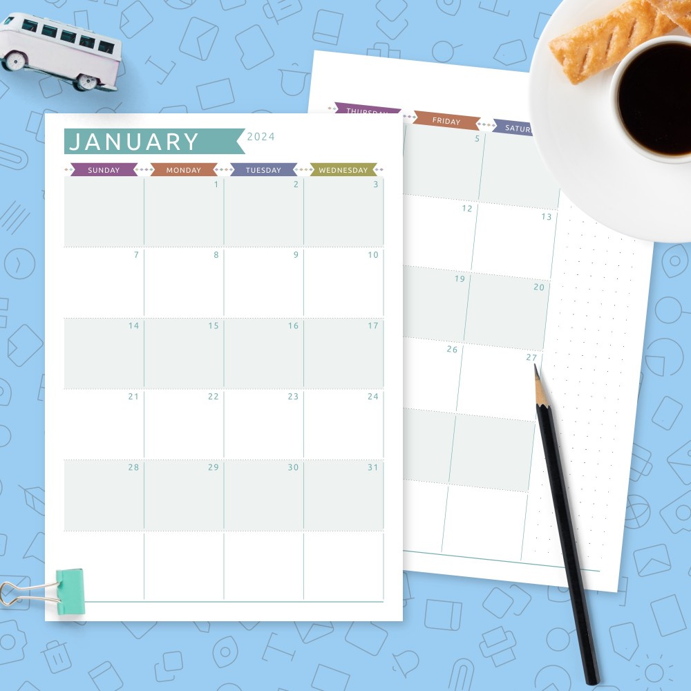 Download Printable Dated Monthly Calendar Colored Design Template