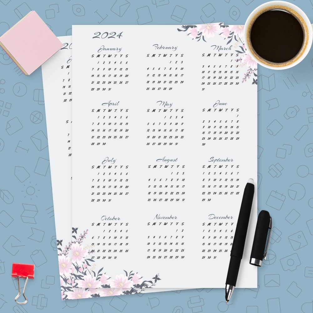 Download Printable Elegant Floral Yearly Calendar Template