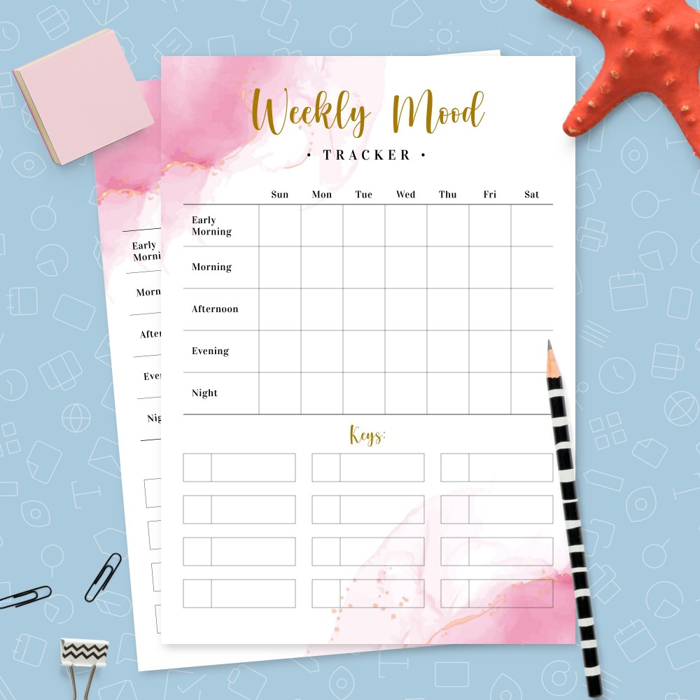 Download Printable Elegant Pink and Gold Weekly Mood Tracker Template Template