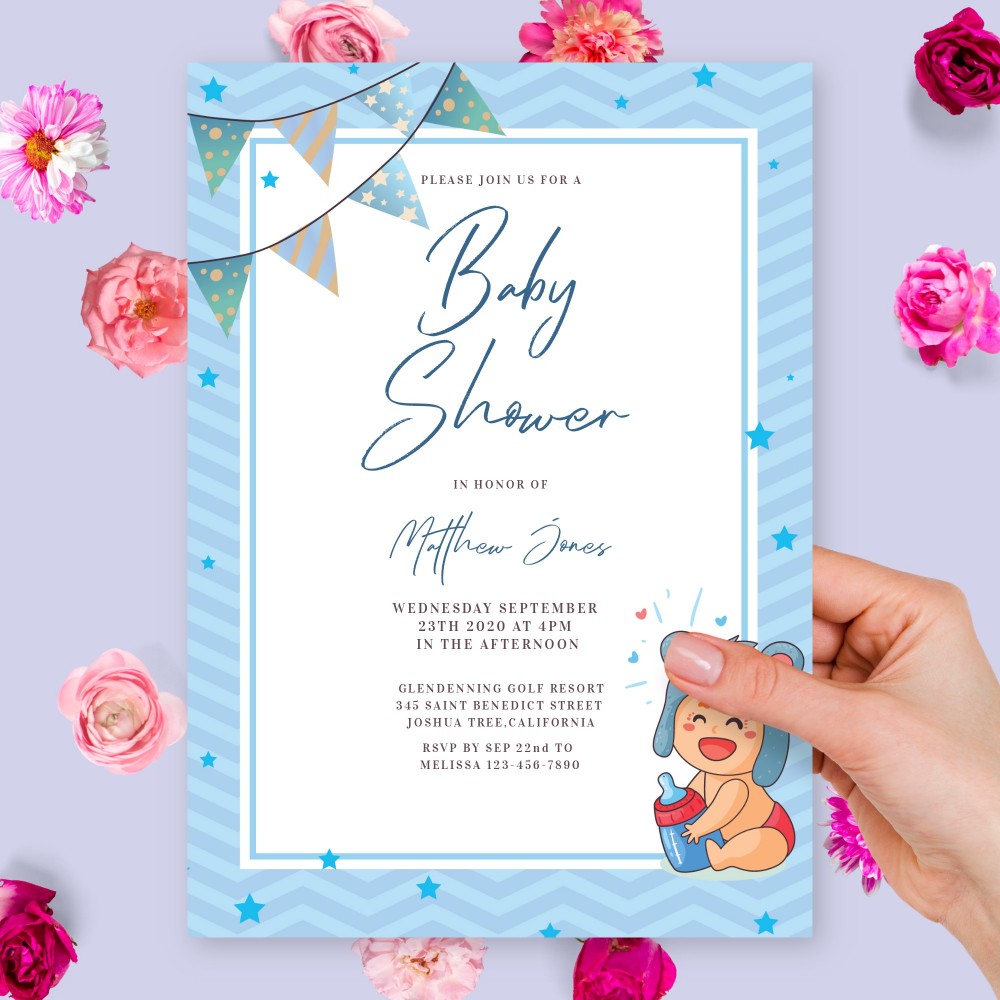 Customize and Download Flag Garland Blue Baby Shower Invitation