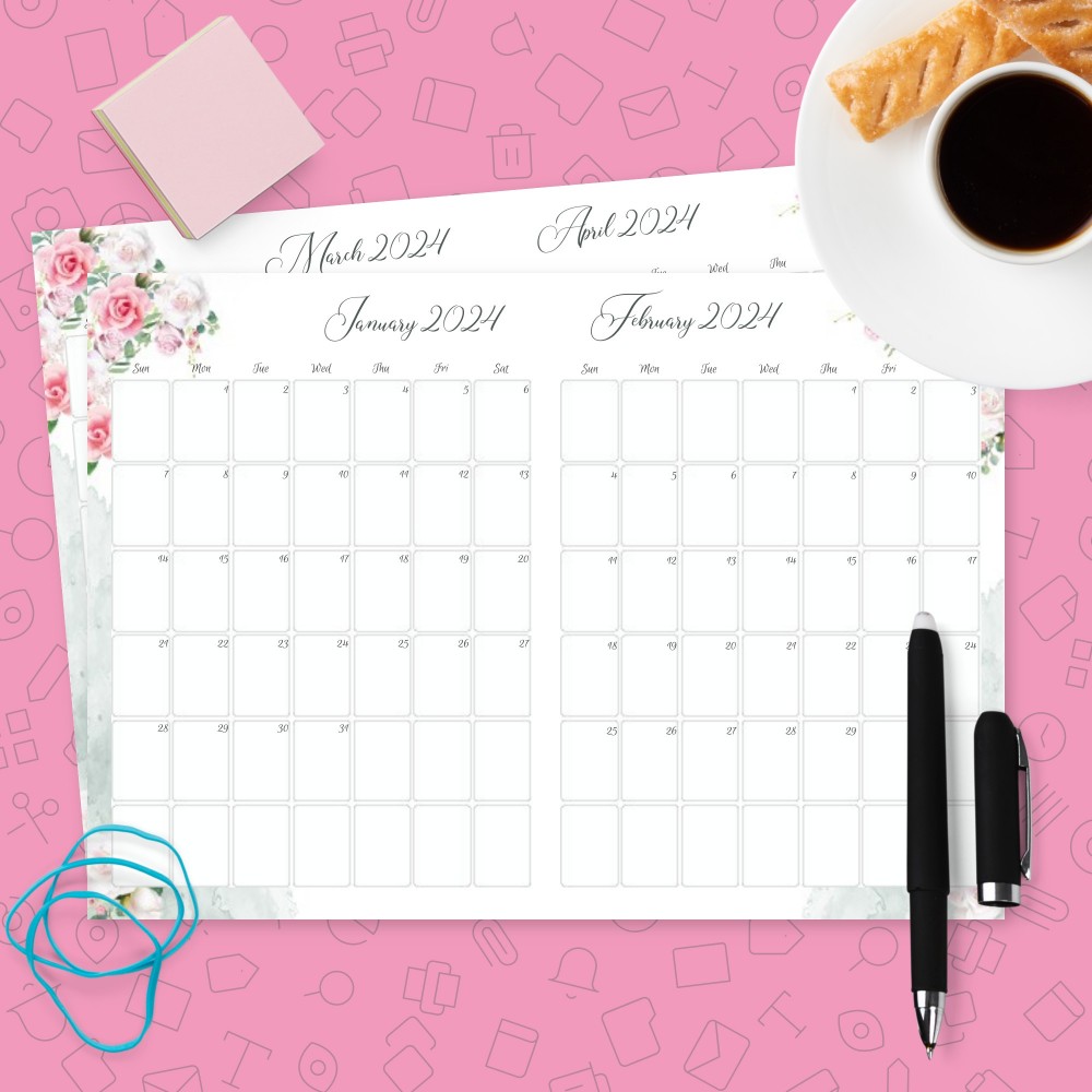 Download Printable Floral Two Months Calendar Template