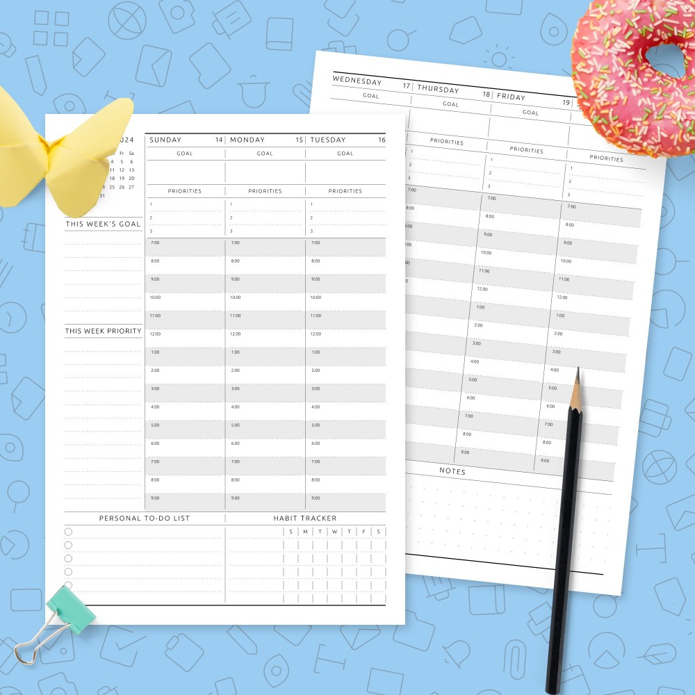 Weekly Planner No. 16, A6 Size Printable Vertical Timed Weekly Agenda,  Weekly Organizer, Hourly Schedule 