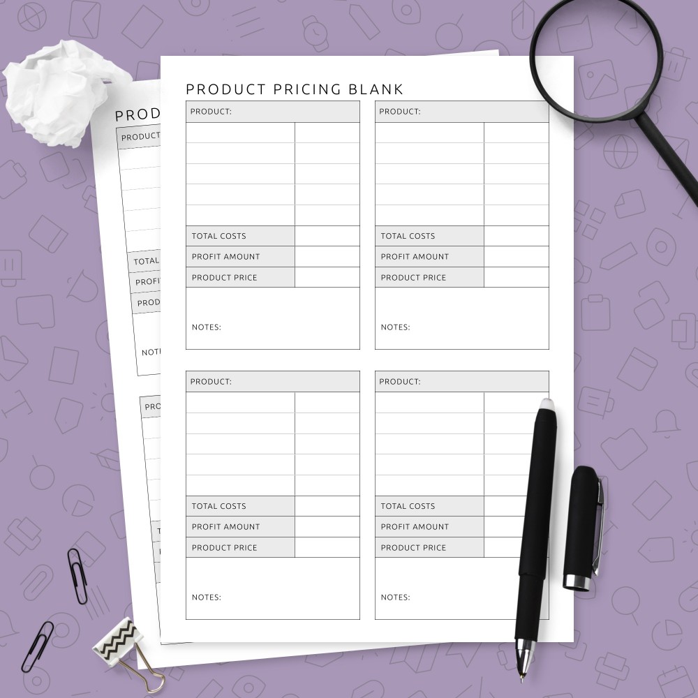 Download Printable Four in One Product Pricing Blank Template Template