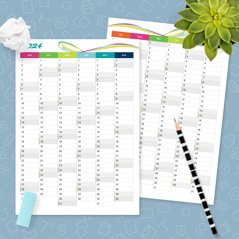 Download Printable Full Year Vertical Calendar Template