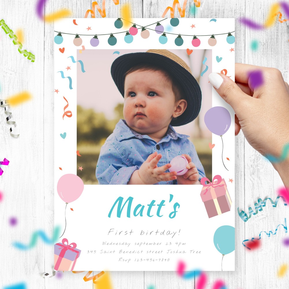Customize and Download Garland Lights Boy First Birthday Invitation