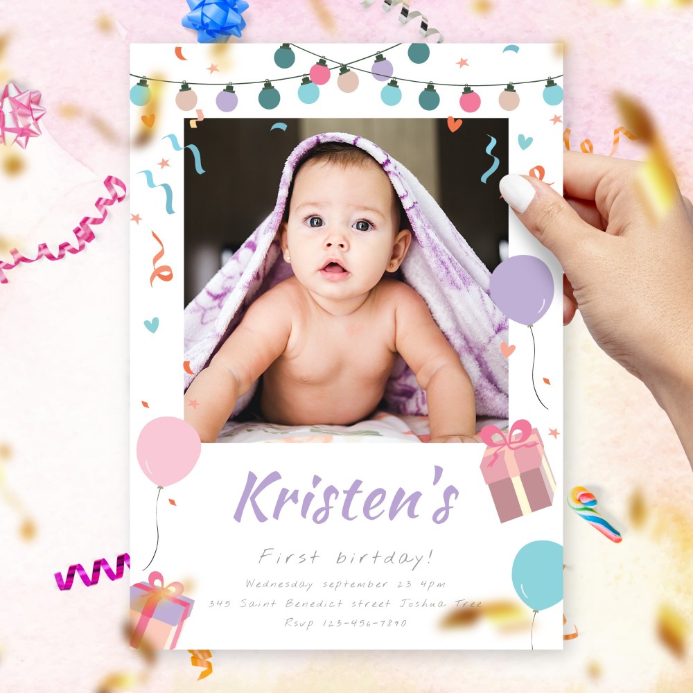Customize and Download Garland Lights Girl First Birthday Invitation