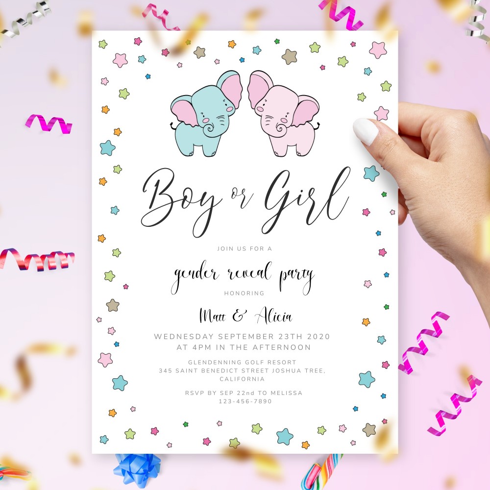 Customize and Download Gender Reveal Invitation With Cute Elephants