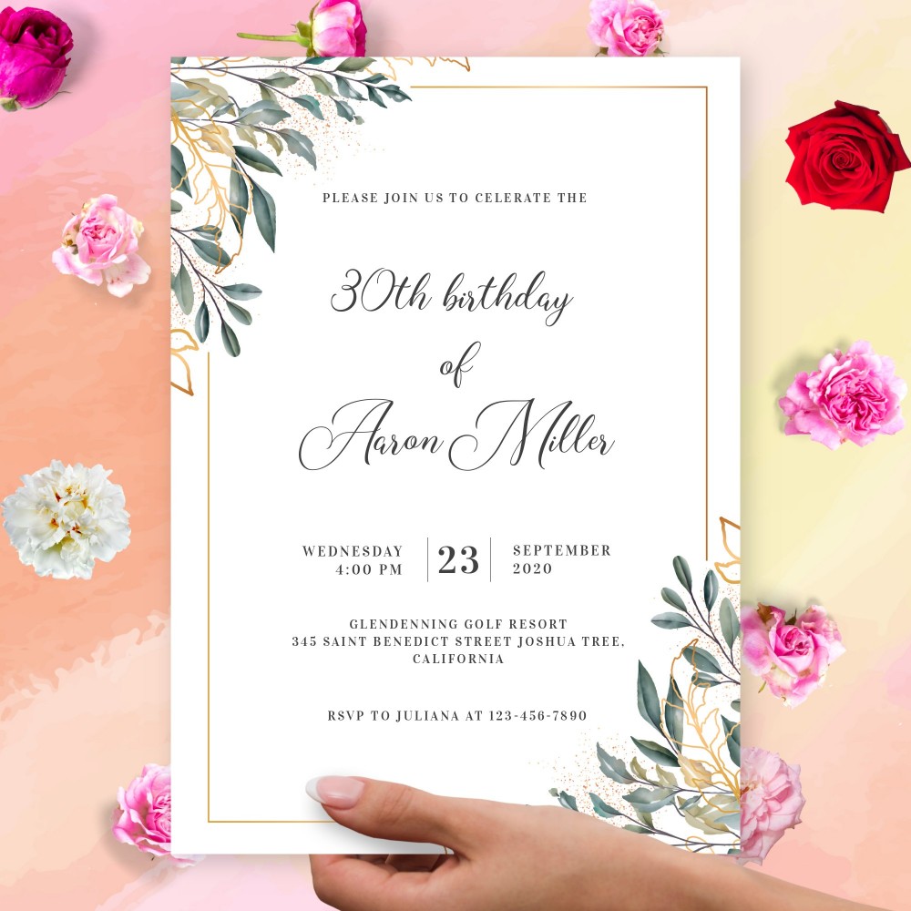 Customize and Download Gold and Green Willow Birthday Invitation