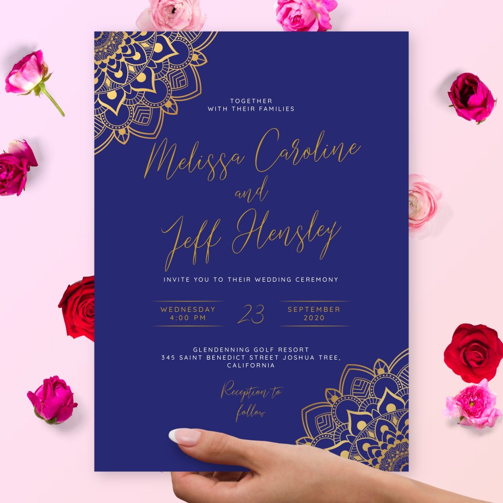 Customize and Download Gold Mandala Blue Wedding Invitation
