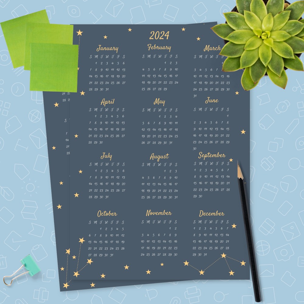 Download Printable Gold Stars Yearly Calendar Template