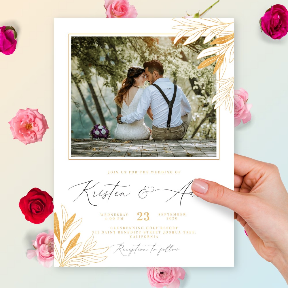Customize and Download Golden Botanical Wedding Photo Invite