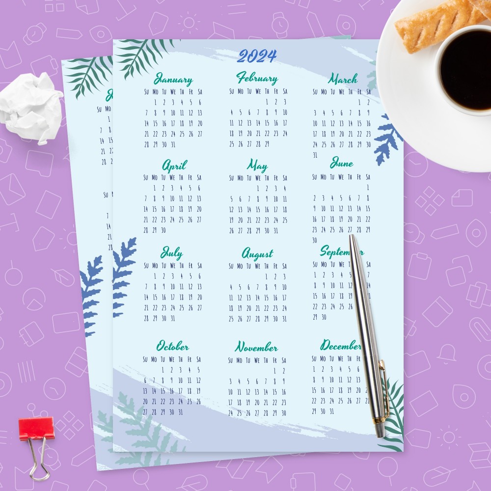 Download Printable Green and Blue Yearly Calendar Template