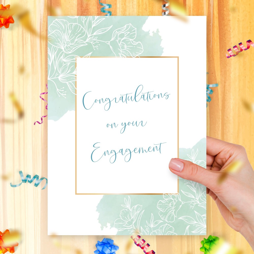 Customize and Download Green Botanical Engagement Card With Gold Frame