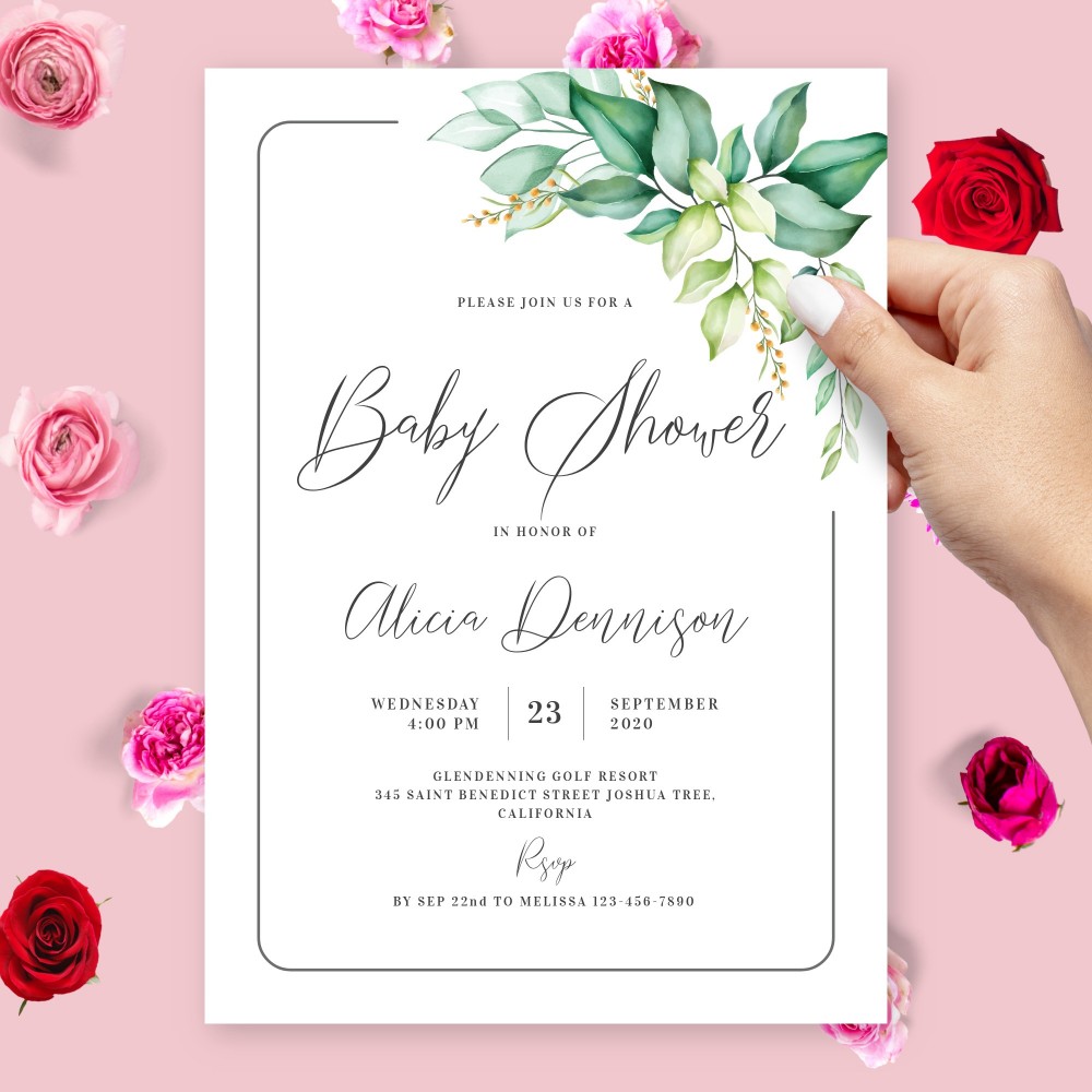 Customize and Download Green Leaves Baby Shower Invitation