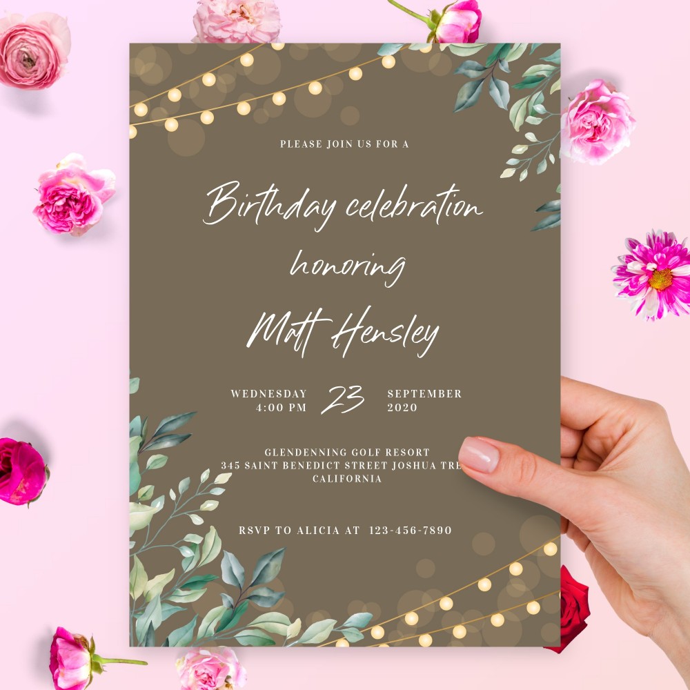 Customize and Download Greenery Lights Elegant Birthday Invitation