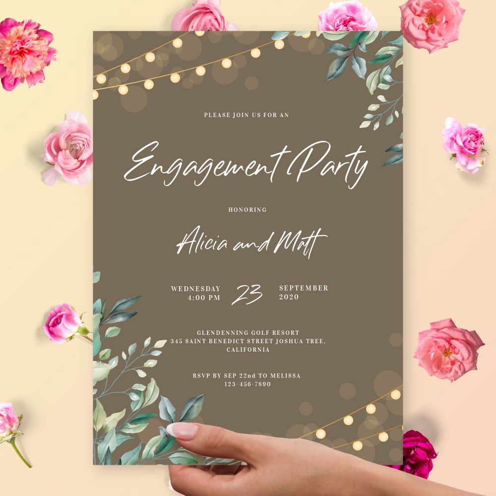 Customize and Download Greenery String Lights Engagement Party Invitation