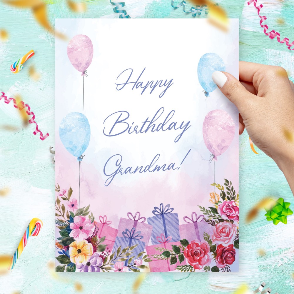 Customize and Download Happy Birthday Grandma Birthday Card With Gifts And Baloons