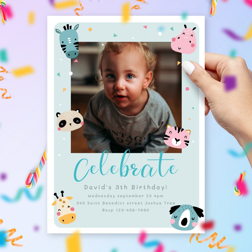 Customize and Download Kids Birthday Photo Invitation With Animals