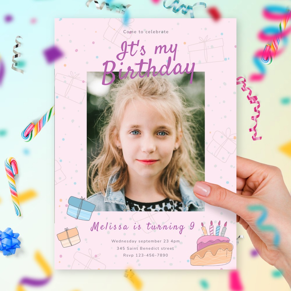 Customize and Download Kids Birthday Photo Invitation - Girl Style