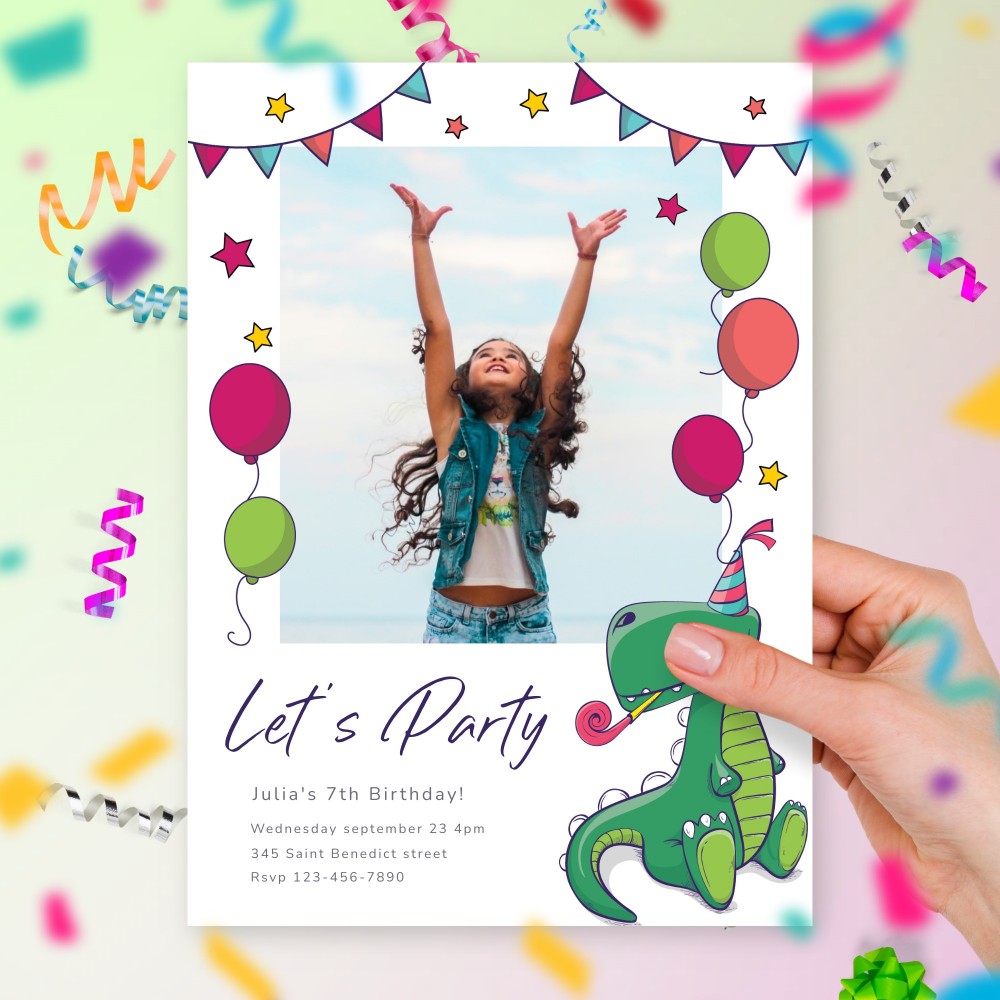Customize and Download Kids Birthday Party Photo Invitation With Dinosaur