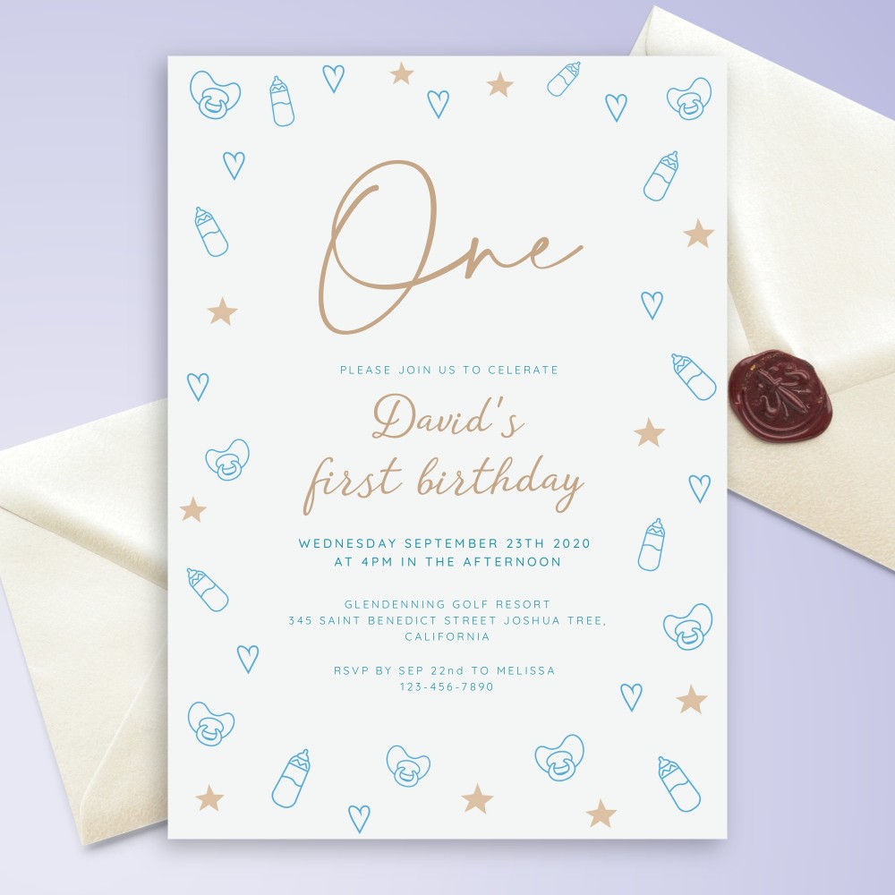 Customize and Download Minimalist Blue and Gold Baby 1st Birthday Invitation