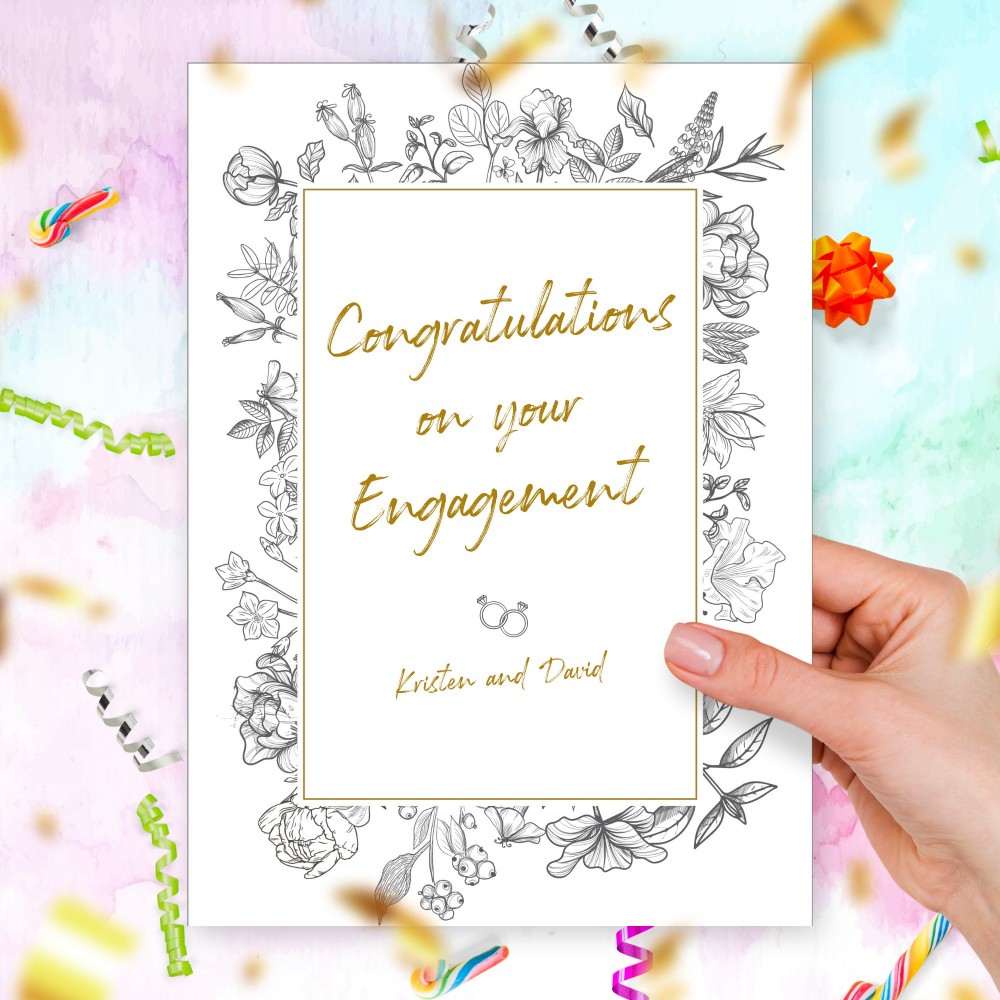 Customize and Download Monochrome Floral Engagement Greeting Card With Gold Text &amp; Frame