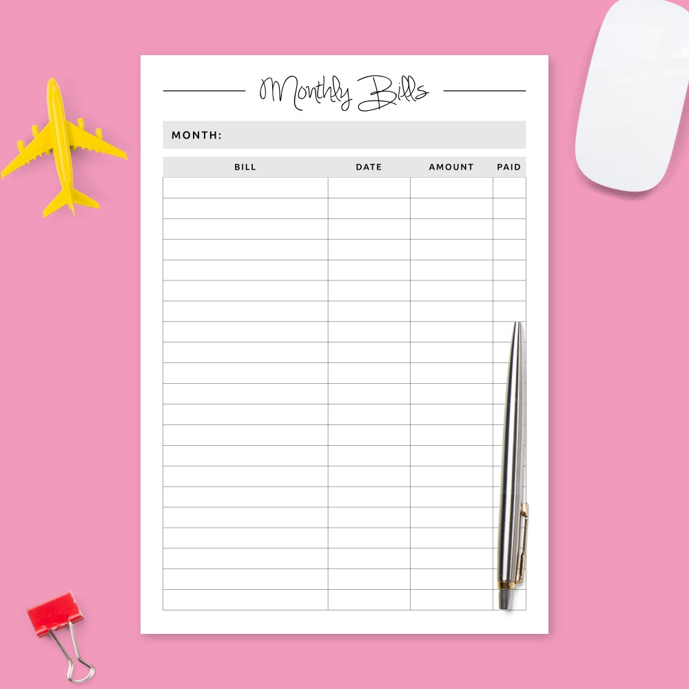 Monthly Bill Payments Template Printable PDF