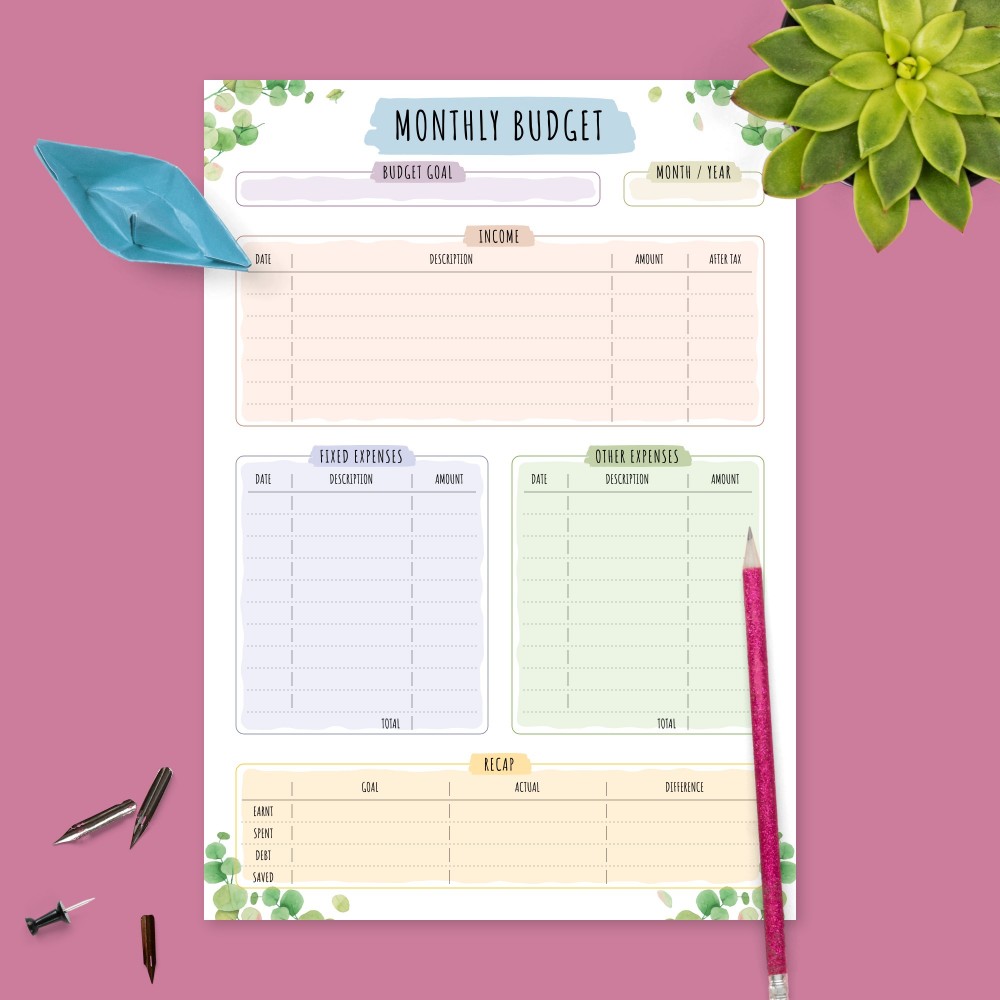 Download Printable Monthly Budgeting Plan - Botanical Design Template