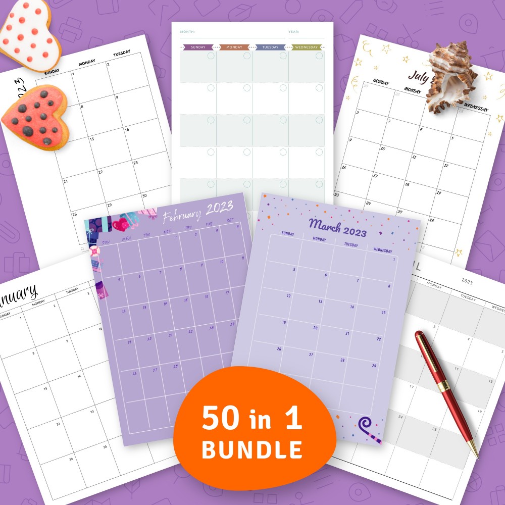Download Printable Monthly Calendar Templates Bundle (50 in 1) Template