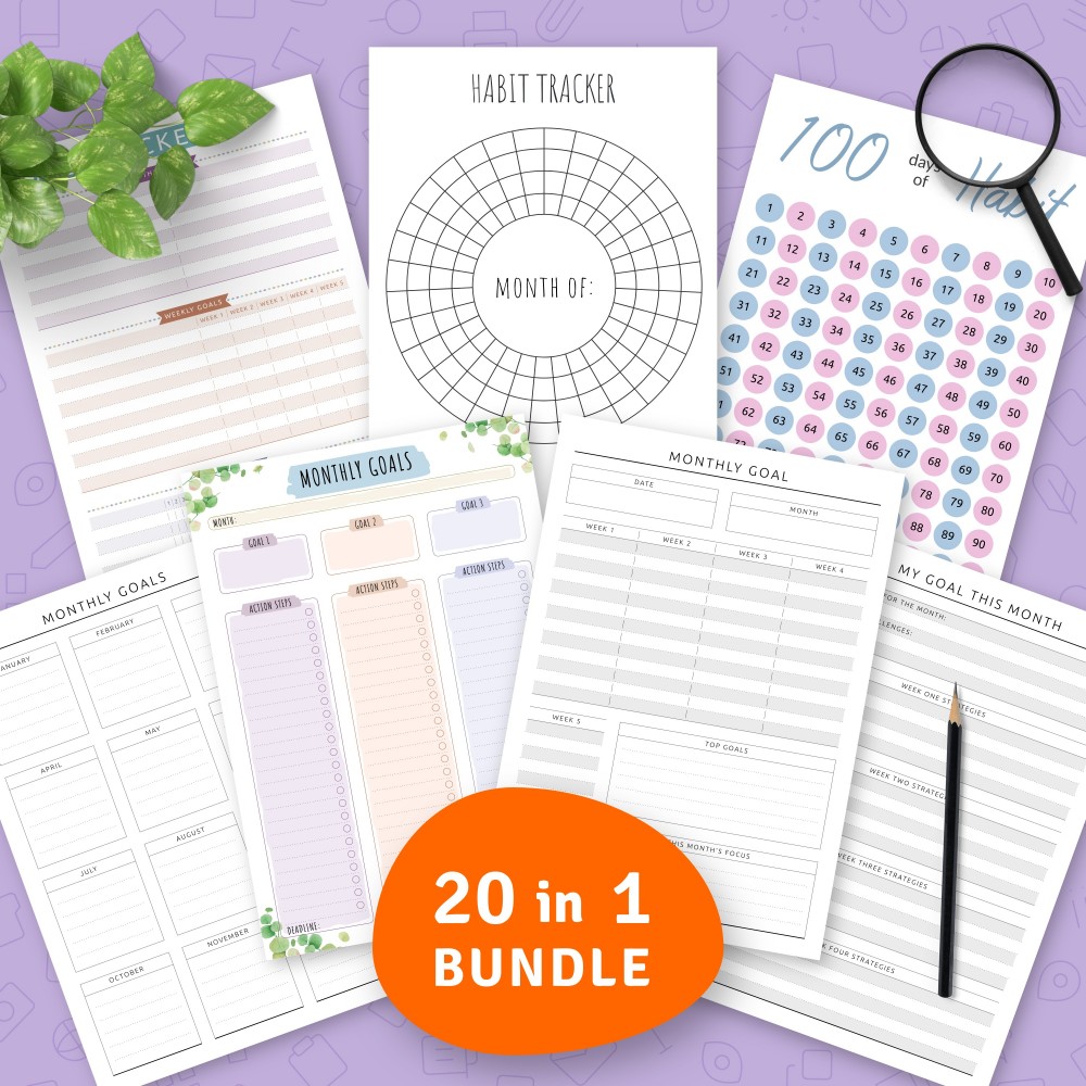 Download Printable Monthly Goals Planner and Habit Tracker Bundle (20 in 1) Template