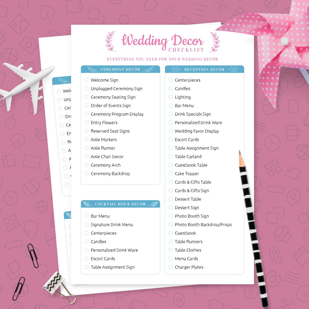 Download Printable Nice Wedding Decorations Checklist Template