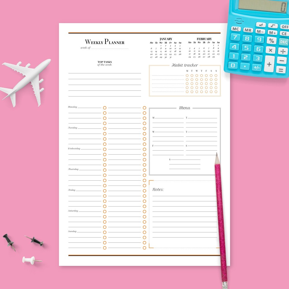 Download Printable One Page Weekly Planner with Calendar Template