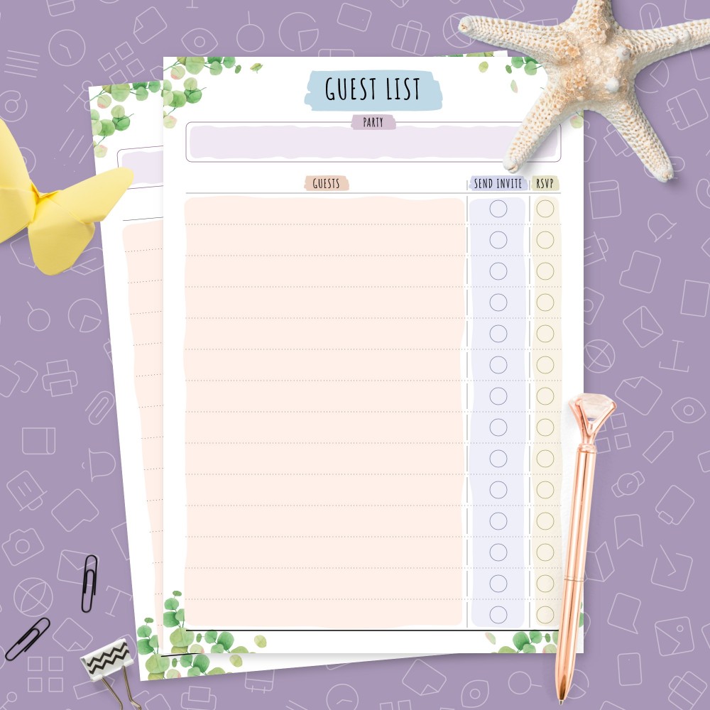 Download Printable Party Guest List - Floral Style Template