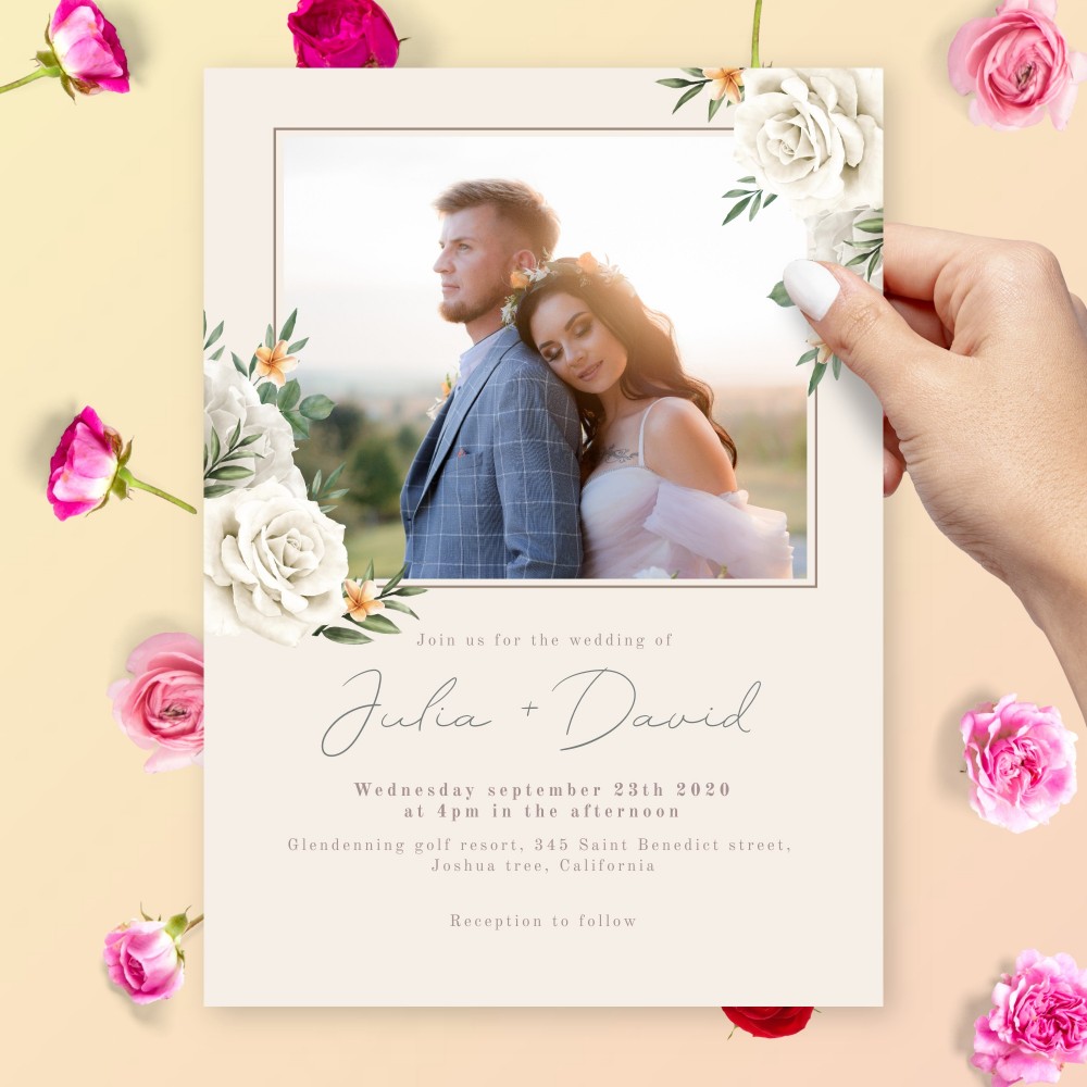 Customize and Download Pastel Wedding Photo Invitation With Flowers
