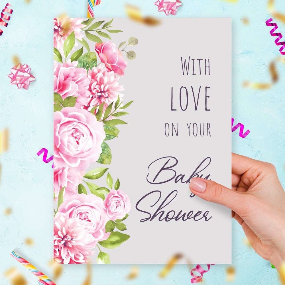 Customize and Download Peony Flowers Baby Shower Greeting Card
