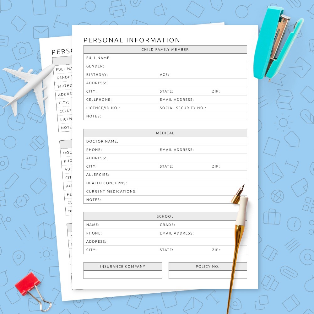Personal Information Template For Child Template Printable PDF