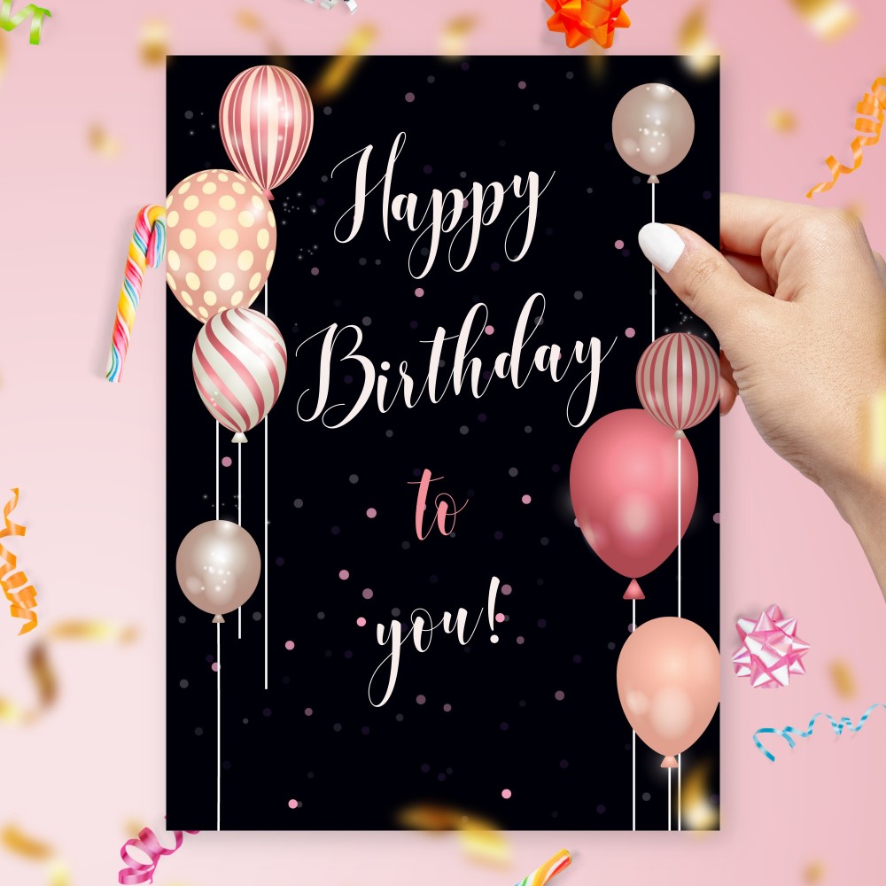 Customize and Download Pink Balloons Black Birthday Card For Her