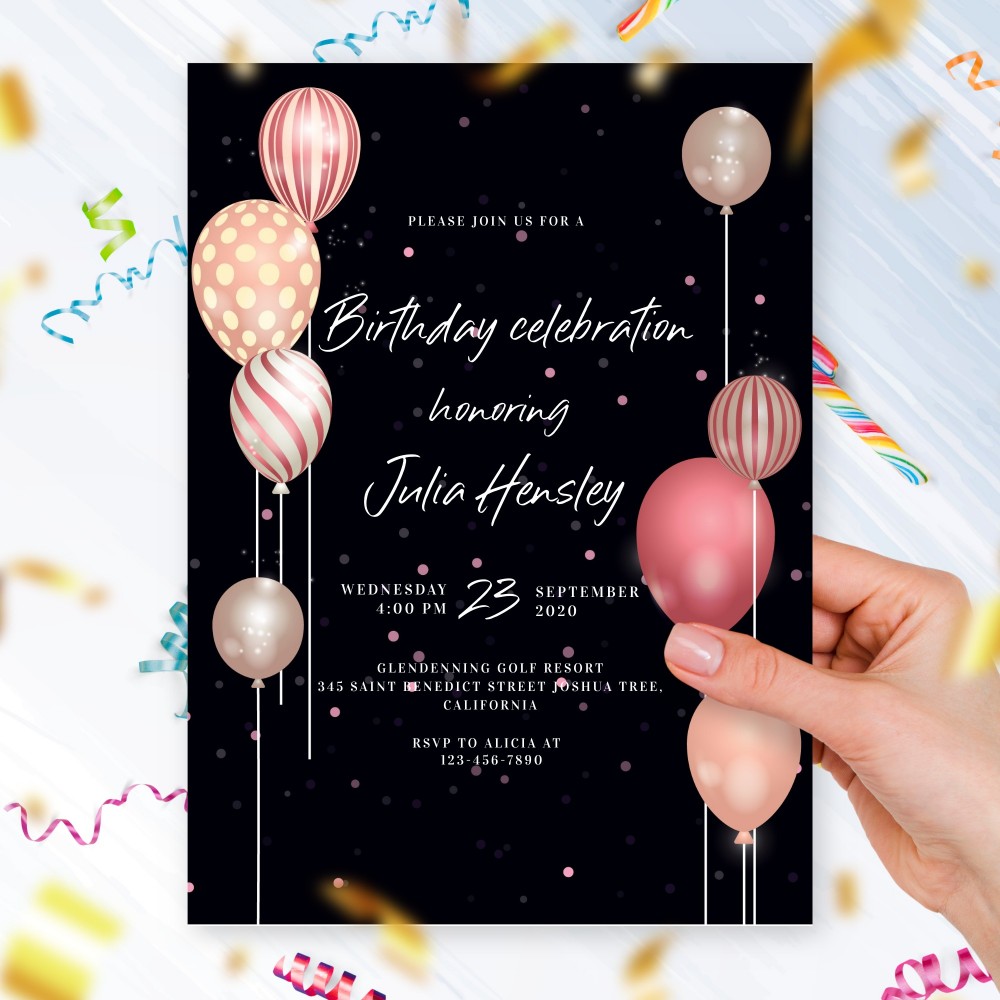 Customize and Download Pink Balloons Black Birthday Invitation For Her
