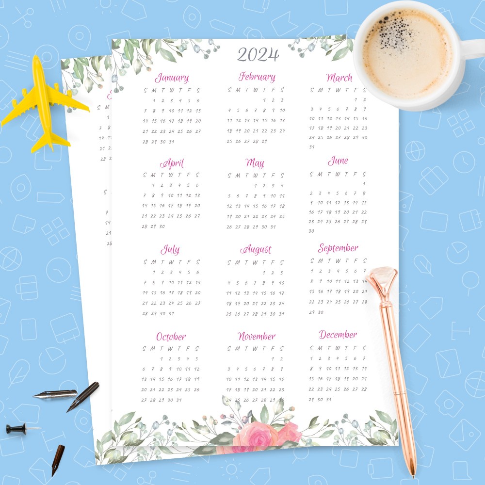 Download Printable Pink Greenery Yearly Calendar Template