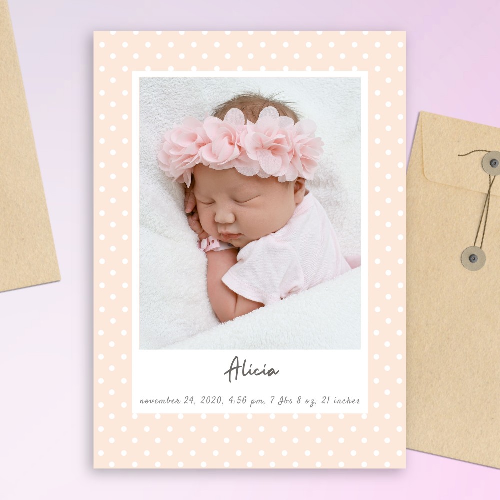 Customize and Download Pink Polka Dot Birth Announcement Card