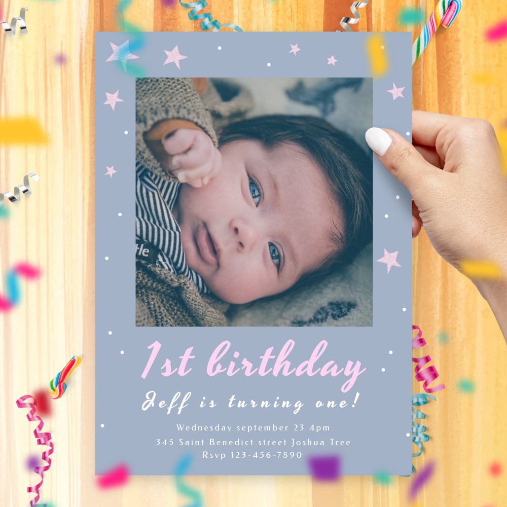 Customize and Download Pink Stars Boy First Birthday Invitation