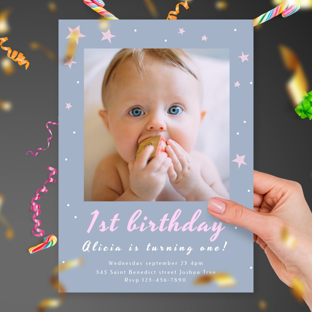 Customize and Download Pink Stars Girl First Birthday Invitation
