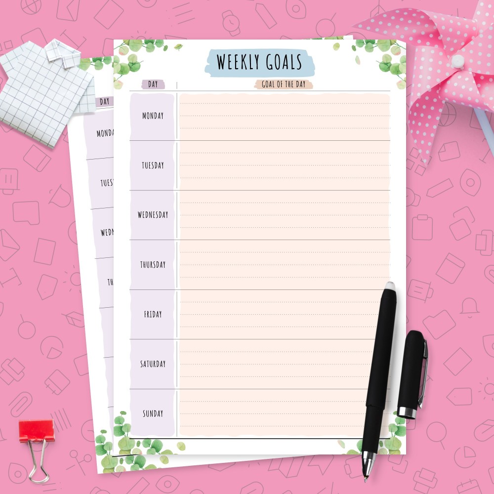 Download Printable Seven Days Weekly Goals - Botanical Style Template